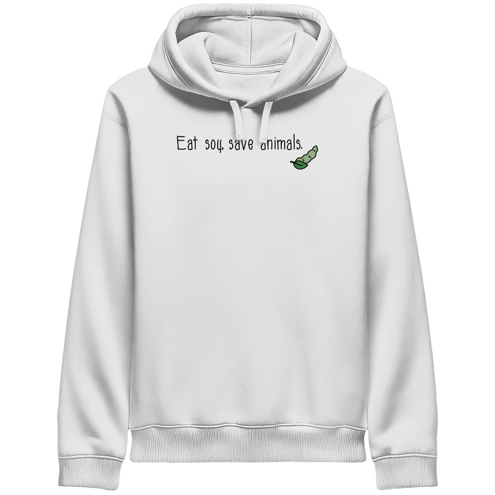 Unisex-Hoodie aus Bio-Baumwolle mit seitlichen Taschen und Kapuze. Aufdruck: Eat soy, save animals. und Cartoon-Sojabohne. Veganes Design von RUDE REBEL.