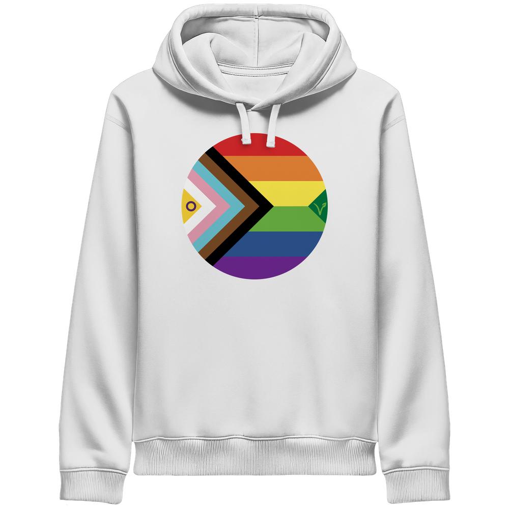 Unisex-Hoodie mit veganem und LGBTQAI+ Design, Bio-Baumwolle, recyceltem Polyester, normalem Schnitt und Schrägtaschen. Grafisches Progress-Pride-Symbol auf der Brust.