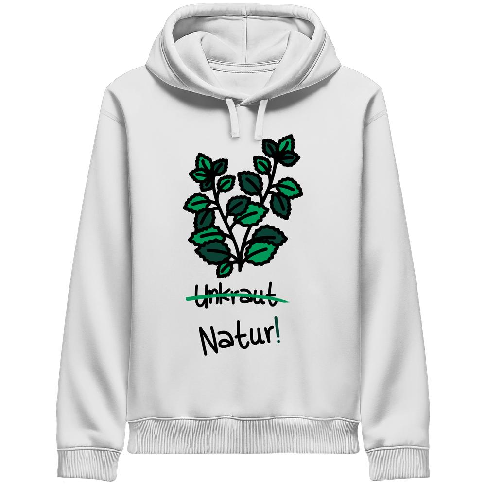 Vegan und Bio Unisex Side Pocket Hoodie mit Brennnessel-Design; grünes Blattmotiv mit durchgestrichenem Unkraut, darunter Natur! in Grün. Nachhaltige Mode von RUDE REBEL.