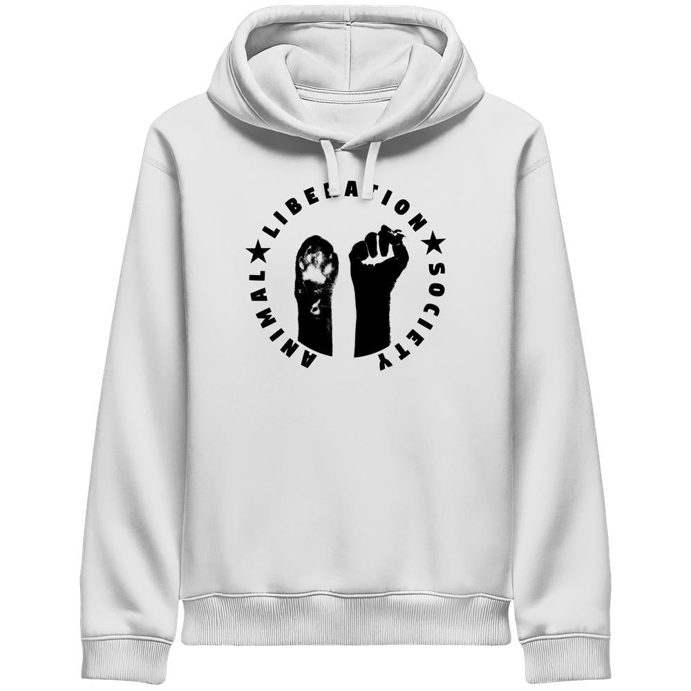 Unisex-Hoodie mit Animal Liberation Society-Logo, kombiniert menschliche Faust und Tierpfote, aus Bio-Baumwolle und recyceltem Polyester, rebellisches Design von RUDE REBEL.