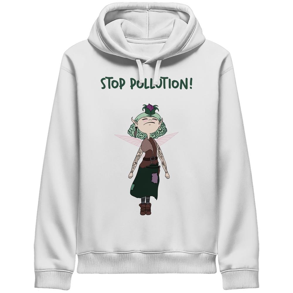 Weißer Hoodie mit Grafik STOP POLLUTION!, zeigt eine grünhaarige Fee mit Flügeln. Vegan und Bio Unisex Side Pocket Hoodie: STOP POLLUTION! - Krawall Fee.