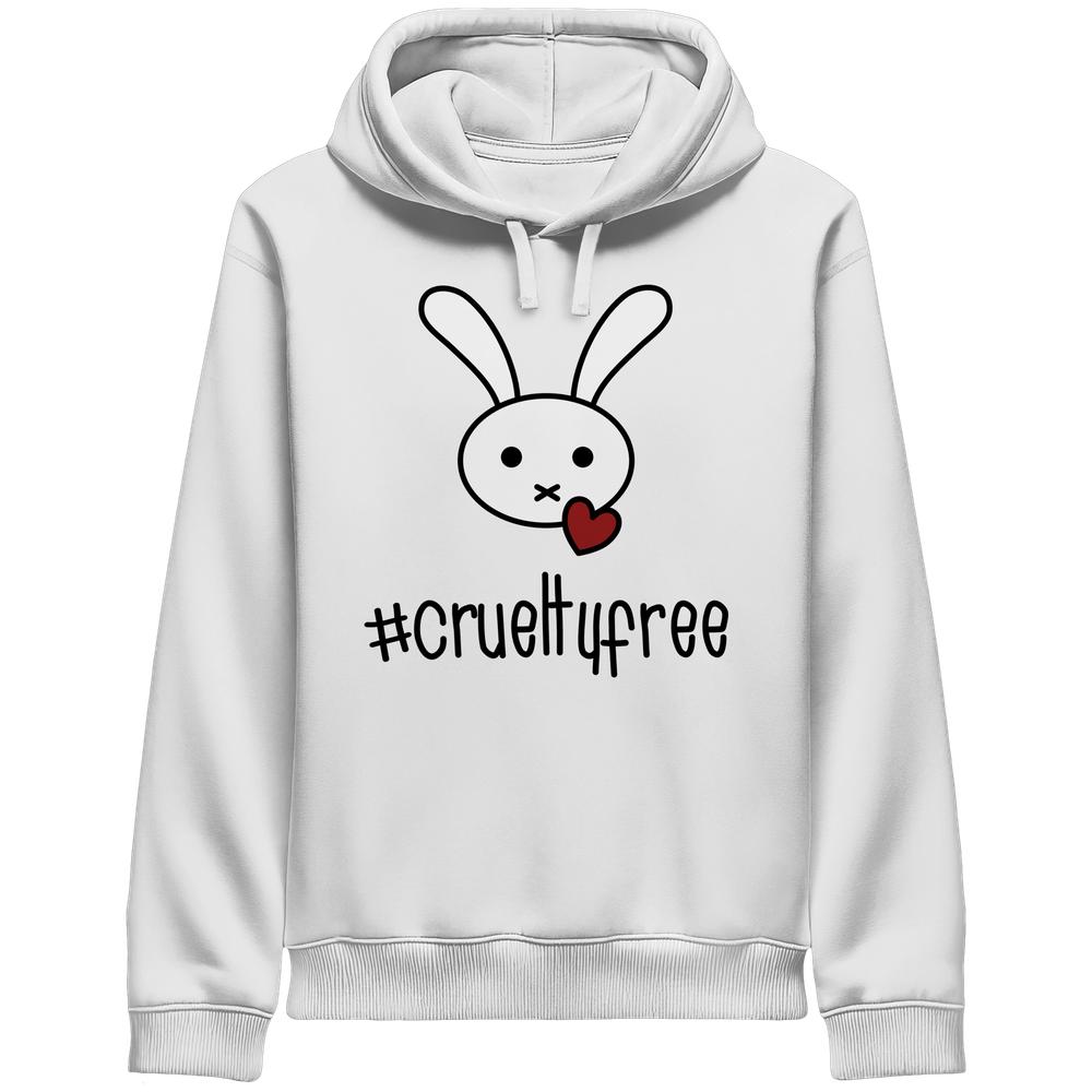 Weißer Unisex-Hoodie mit Kapuze zeigt ein Cartoon-Hasenkopf und kleinen roten Herz mit #crueltyfree darunter. Nachhaltig aus Bio-Baumwolle und recyceltem Polyester gefertigt.