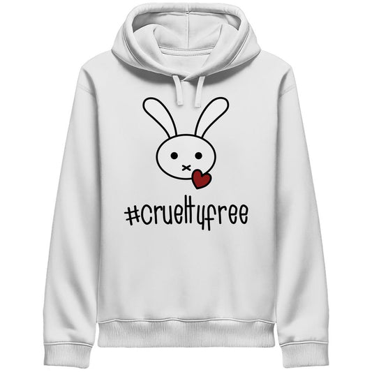 Weißer Unisex-Hoodie mit Kapuze zeigt ein Cartoon-Hasenkopf und kleinen roten Herz mit #crueltyfree darunter. Nachhaltig aus Bio-Baumwolle und recyceltem Polyester gefertigt.