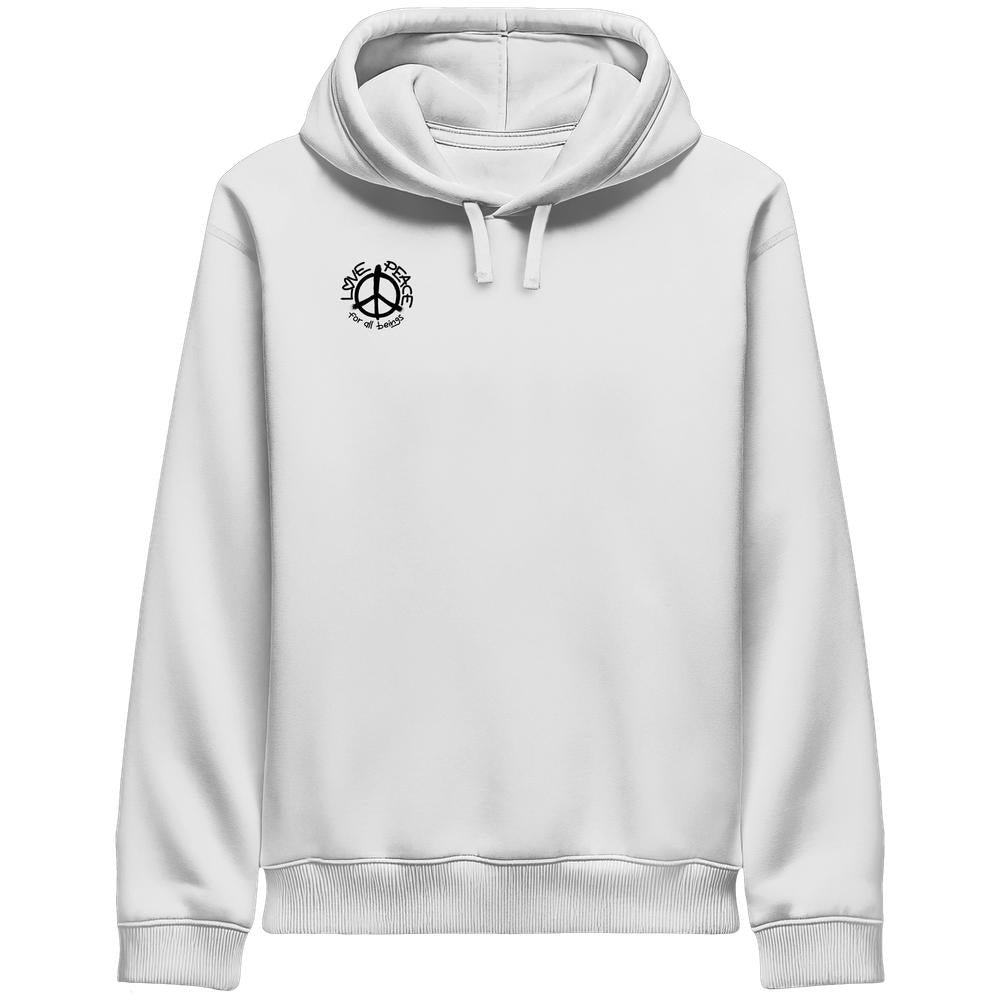 Vegan und Bio Unisex Side Pocket Hoodie mit kleinem Friedenszeichen und Love Peace for all beings-Schriftzug auf der Brust; minimalistisches, nachhaltiges Design.