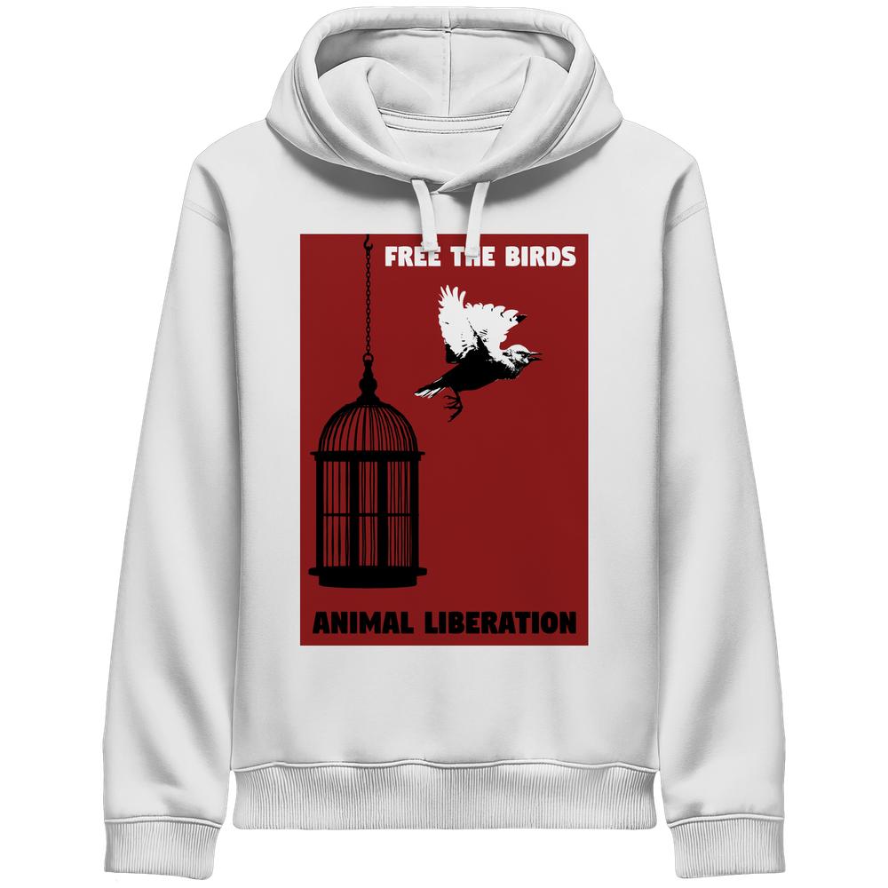 Vegan und Bio Unisex Side Pocket Hoodie: Free the birds - Animal Liberation, zeigt Vogelkäfig mit fliegendem Vogel, symbolisiert Befreiung und Tierrechtsbotschaft.