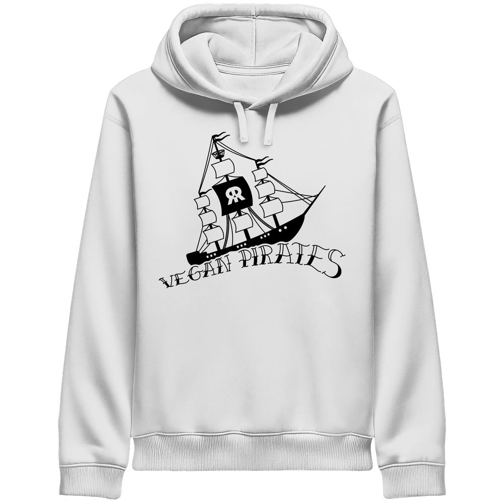 Weißes Hoodie mit stilisiertem Segelschiff-Print und VEGAN PIRATES Schriftzug, repräsentiert vegane, nachhaltige Mode von RUDE REBEL. Hergestellt aus Bio-Baumwolle und recyceltem Polyester.