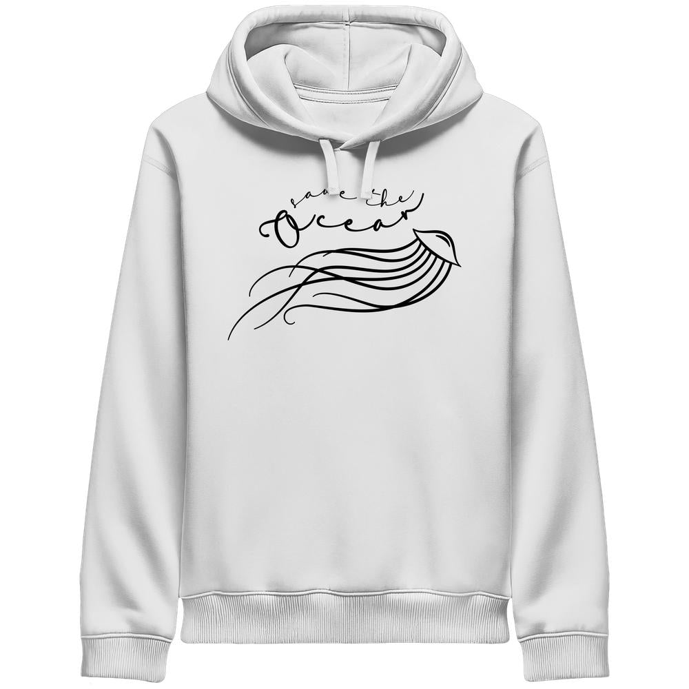 Vegan und Bio Unisex Hoodie mit Seitentaschen, zeigt eine filigrane Qualle und den Slogan Save the Ocean für Meeres- und Umweltschutz.