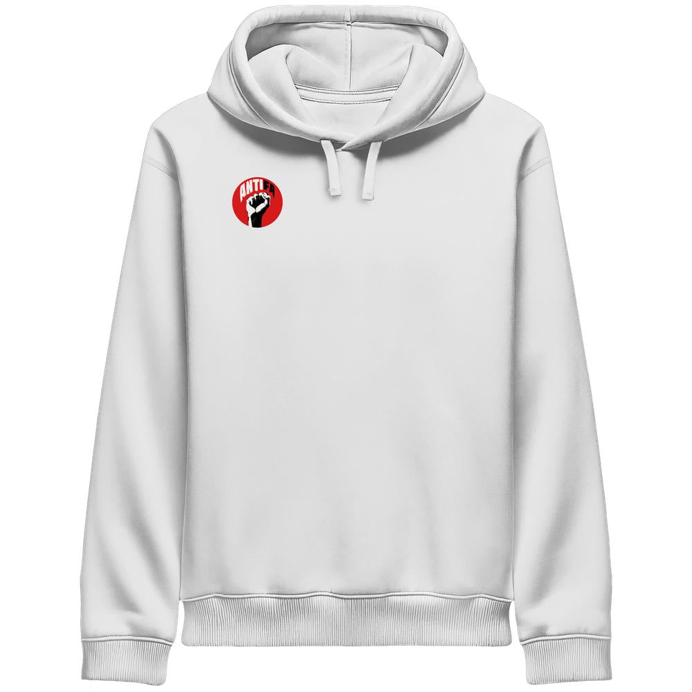 Vegan und Bio Unisex Side Pocket Hoodie: Antifa mit rotem Emblem, schwarzer Faust und Schriftzug. Nachhaltig produziert für ein Statement gegen Rechts.
