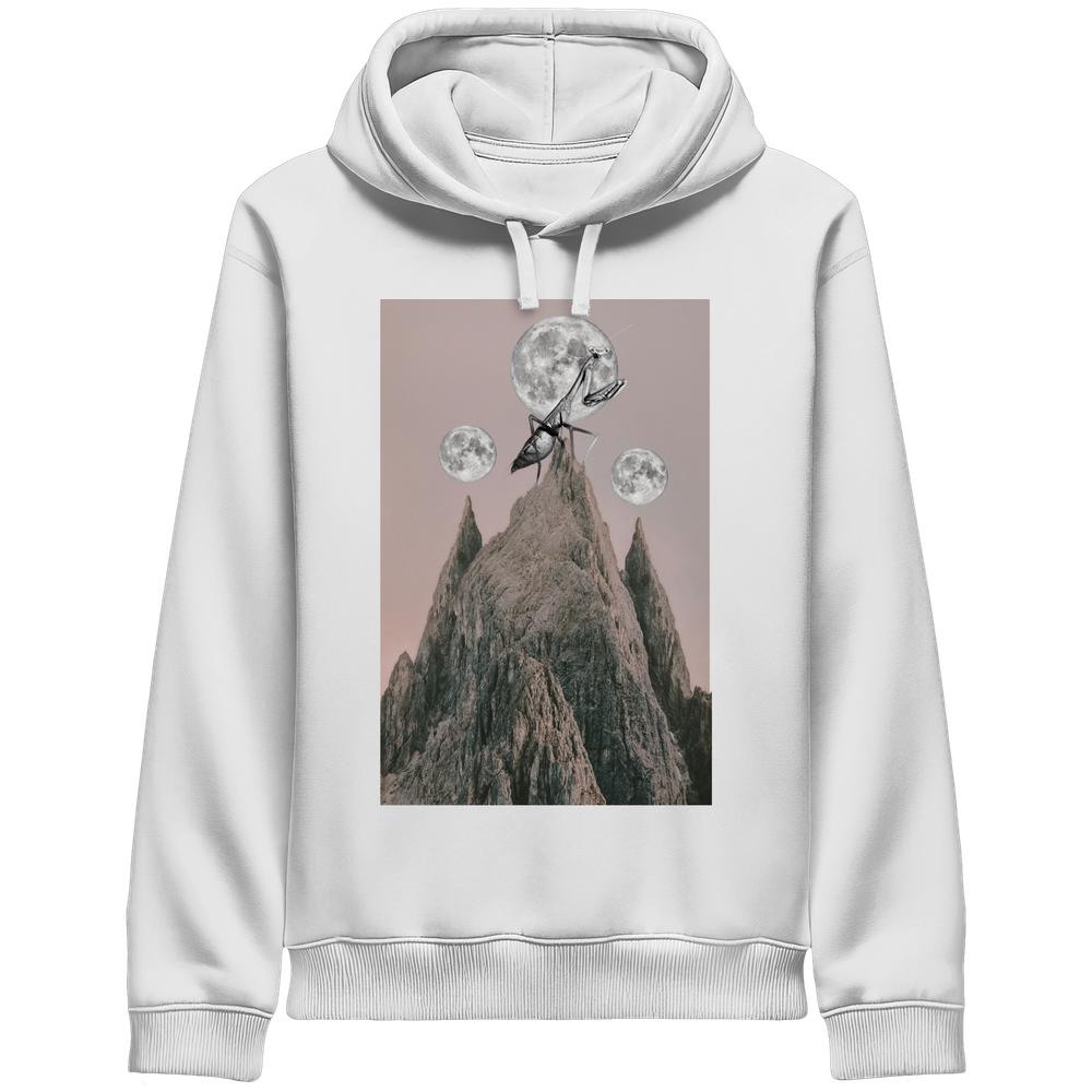 Vegan und Bio Unisex Side Pocket Hoodie: Gottesanbeterin mit surrealem Print eines Berggipfels, drei Monden und einer Ameise im kosmischen Stil.