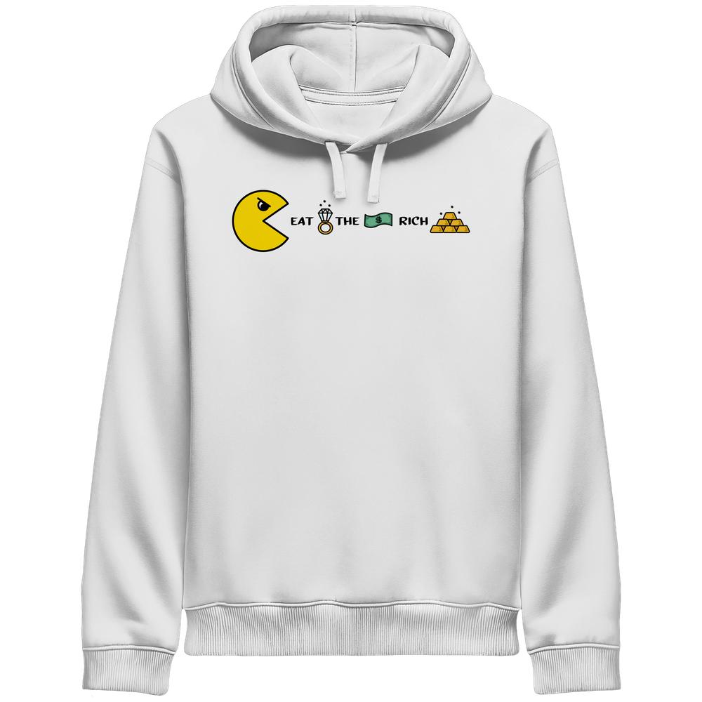 Vegan und Bio Unisex Side Pocket Hoodie: PAC-MAN - Eat the rich. Weißer Hoodie mit Grafik eines gelben Charakters und EAT THE RICH aus ikonischen Reichtumssymbolen auf der Brust.