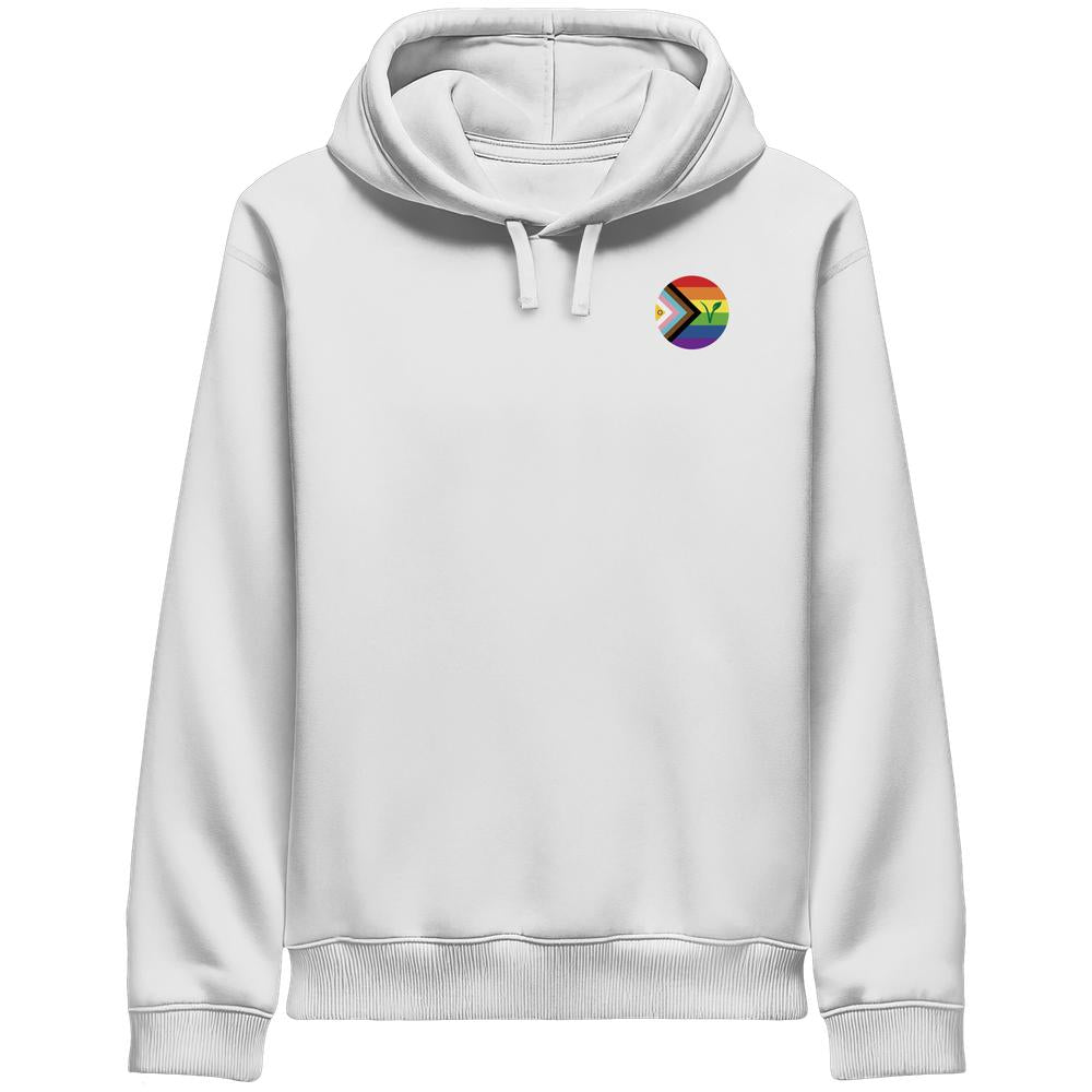 Kapuzensweatshirt in Weiß mit Kängurutasche, Kordelzug und Regenbogen-Logo