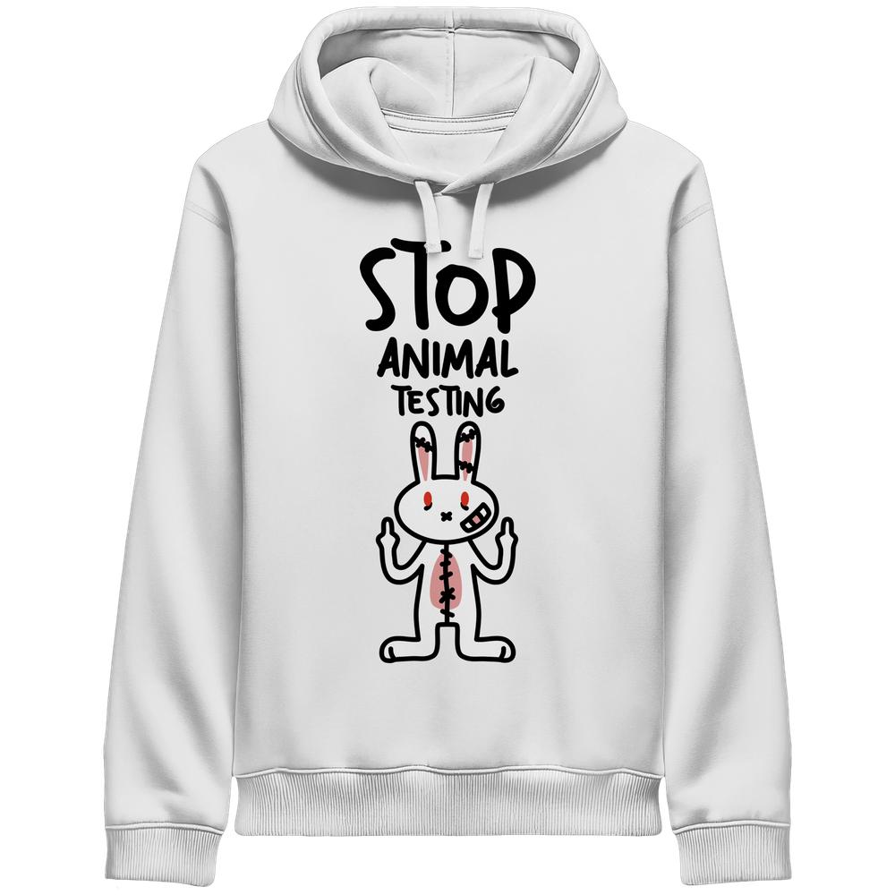 Herren-Kapuzenpullover in Weiß mit Frontaufdruck „STOP ANIMAL TESTING“ und Kaninchenmotiv