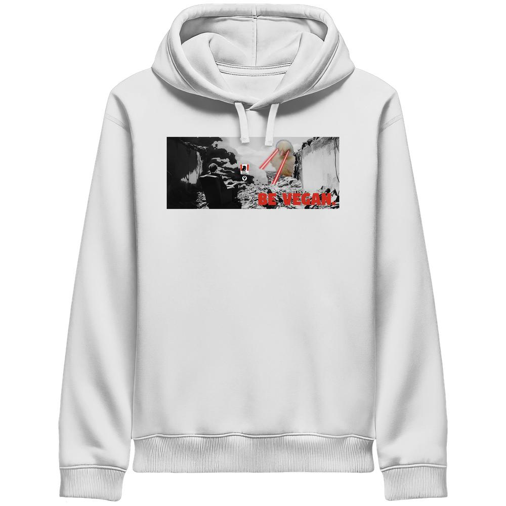 Vegan und Bio Side Pocket Hoodie: BE VEGAN. - Angry bird. Weißer Hoodie mit urbanem Ruinenmotiv, leuchtendem Wesen und Slogan BE VEGAN.. Bio-Baumwolle, recycelter Polyester.