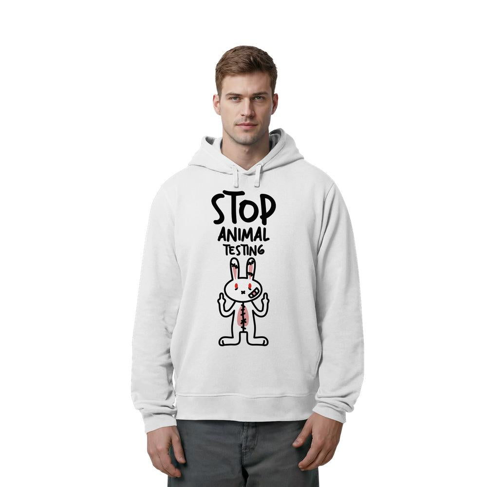 Herren-Kapuzenpullover in Weiß mit Aufdruck „STOP ANIMAL TESTING“ und Kaninchen vorn