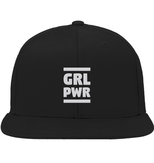 Vegan & Organic Snapback Cap: GIRL POWER - Design mit feministischer Message (bedruckt mit GIRL POWER ohne Vokale und zwei fette Balken, Feminismus Merch, feministische Prints, feministische Kleidung, Gleichberechtigung für Frauen) in scharz