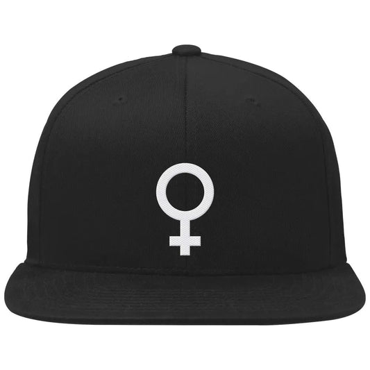 Schwarze Snapback-Kappe mit gesticktem Frauensymbol vorn
