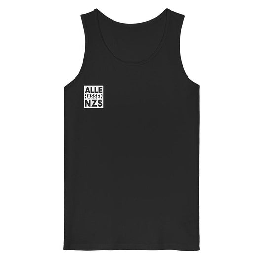 Tank Top in Schwarz aus 100% Bio-Baumwolle, mit dem Slogan „ALLE HASSEN NZS“ auf der Brust, von RUDE REBEL. Veganes Statement-Design.