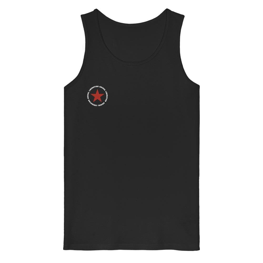 Vegan und Bio Tank Top: Red Star - Animal Liberation, schwarzes ärmelloses Top mit rotem Stern-Logo und „ANIMAL LIBERATION“-Schriftzug auf der Brust, aus 100% Bio-Baumwolle.
