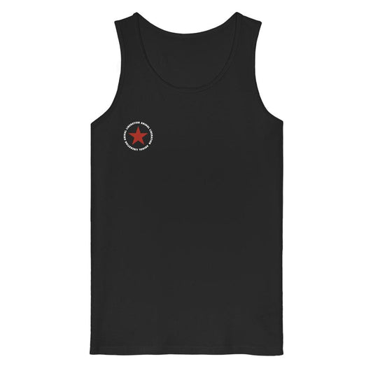 Vegan und Bio Tank Top: Red Star - Animal Liberation, schwarzes ärmelloses Top mit rotem Stern-Logo und „ANIMAL LIBERATION“-Schriftzug auf der Brust, aus 100% Bio-Baumwolle.