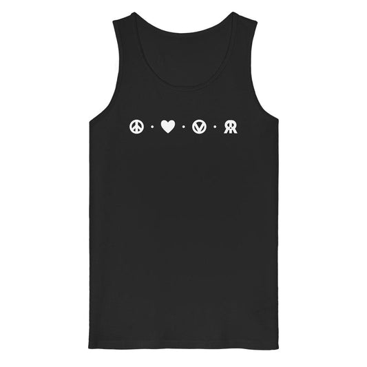 Vegan und Bio Tank Top: Peace - Love - Veganism - RUDE REBEL, schwarzes ärmelloses Shirt mit vier Symbolen: Friedenszeichen, Herz, VW-Logo, stilisiertes RR.
