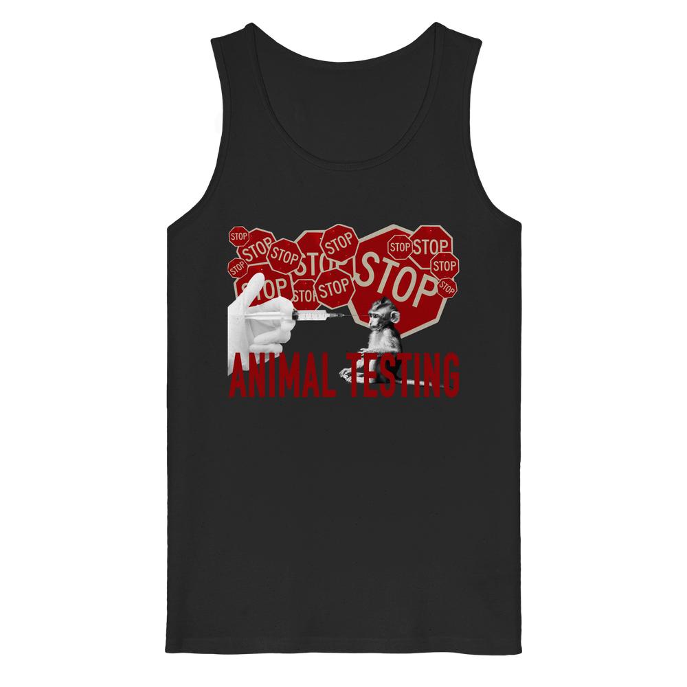 Vegan und Bio Tank Top: STOP ANIMAL TESTING! zeigt ein radikales Design mit Spritze, Affe und roten STOP-Schildern, für Tierrechte und gegen Tierversuche.