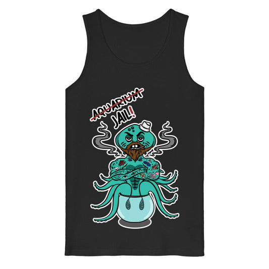 Schwarzes Tank Top mit Teichgrünem Piraten-Oktopus, der AQUARIUM durchgestrichen und JAIL! zeigt; betont Tierrechte. Bio-Baumwolle, ärmellos, rebellisches Design von RUDE REBEL.