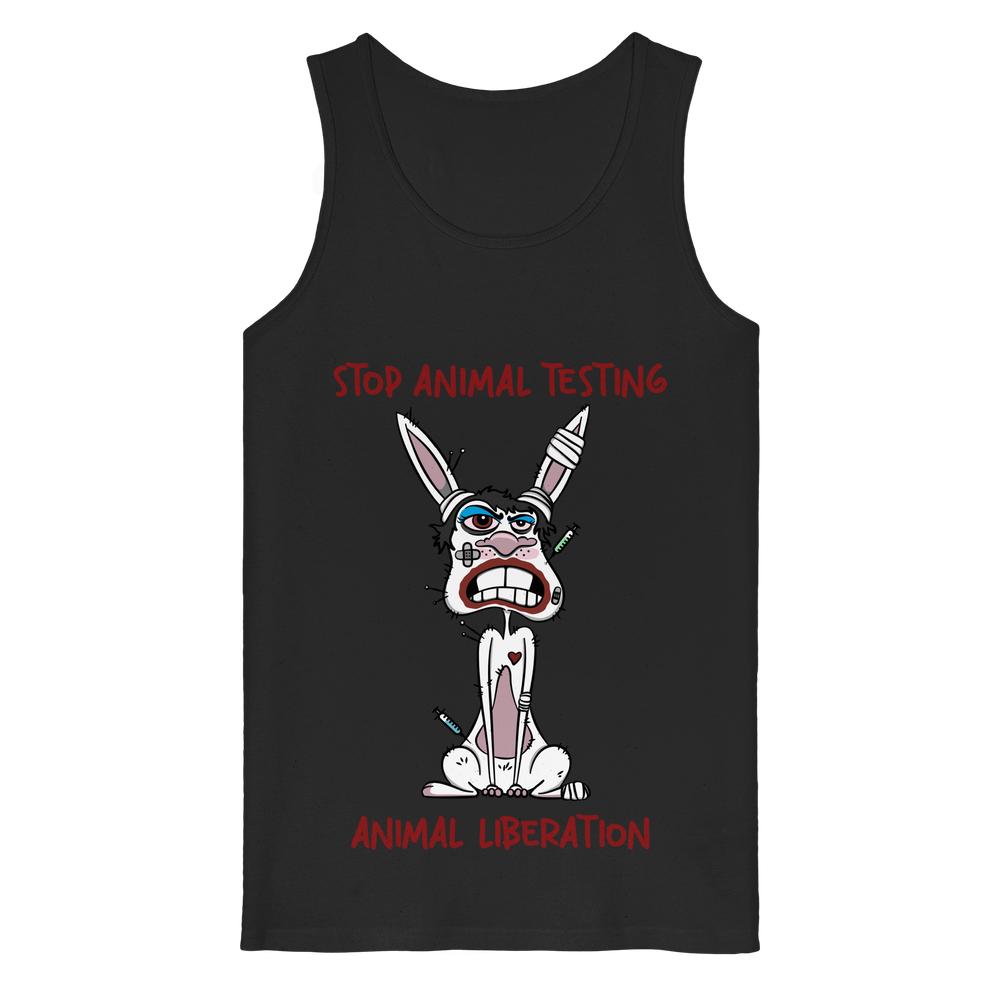 Vegan und Bio Tank Top: White rabbit - STOP ANIMAL TESTING! zeigt ein verletztes Kaninchen mit Protestbotschaft gegen Tierversuche, aus 100% Bio-Baumwolle, ärmellos, mit rebellischem Design.