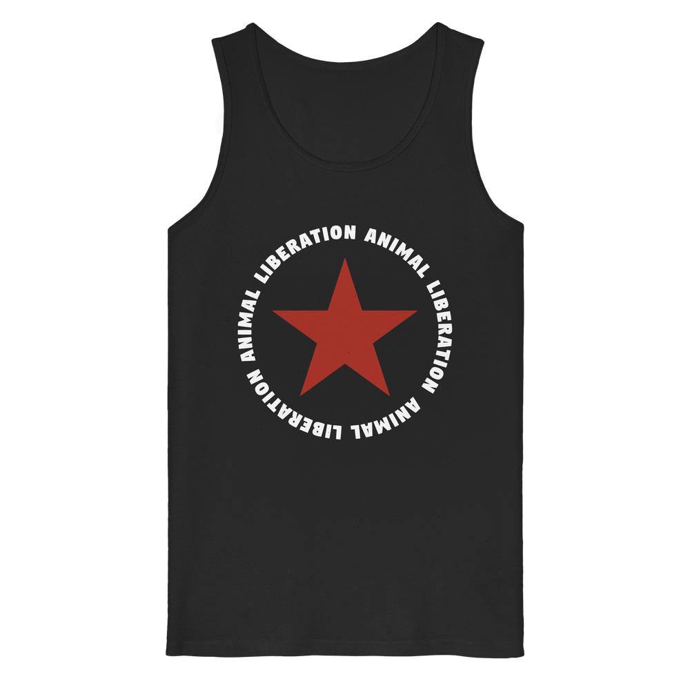 Schwarzes Tank-Top, zentral roter Stern, umgeben von ANIMAL LIBERATION in Weiß. Vegan und Bio Tank Top: Red Star and Animal Liberation aus 100% Bio-Baumwolle.