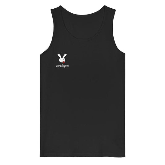 Vegan und Bio Tank Top: Crueltyfree Bunny, schwarzes ärmelloses Shirt mit weißem Bunny-Logo und rotem X auf der Brust, aus 100% Bio-Baumwolle.