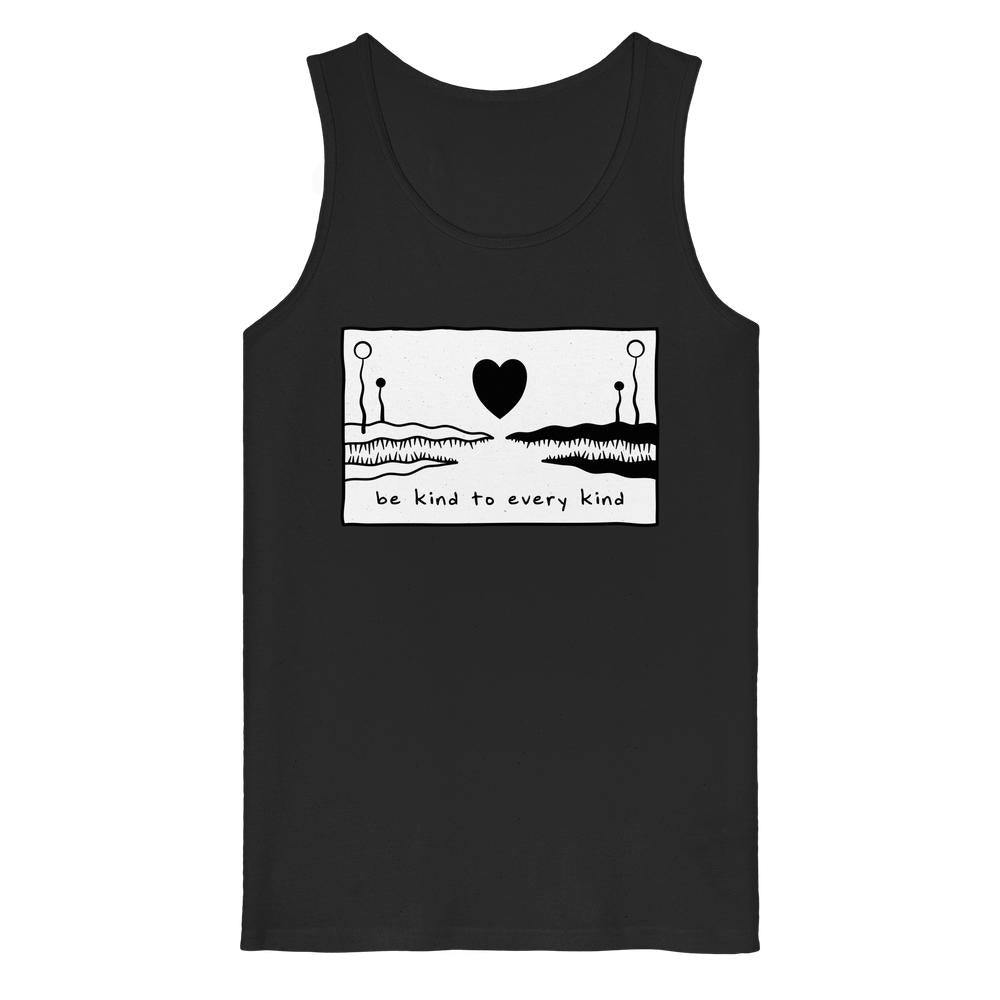 Schwarzes Tank-Top aus Bio-Baumwolle mit weißem Grafikdesign: Zwei abstrakte Wesen, Herz und Slogan Be kind to every kind. Veganes, nachhaltiges Design von RUDE REBEL.