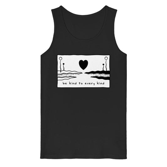 Schwarzes Tank-Top aus Bio-Baumwolle mit weißem Grafikdesign: Zwei abstrakte Wesen, Herz und Slogan Be kind to every kind. Veganes, nachhaltiges Design von RUDE REBEL.