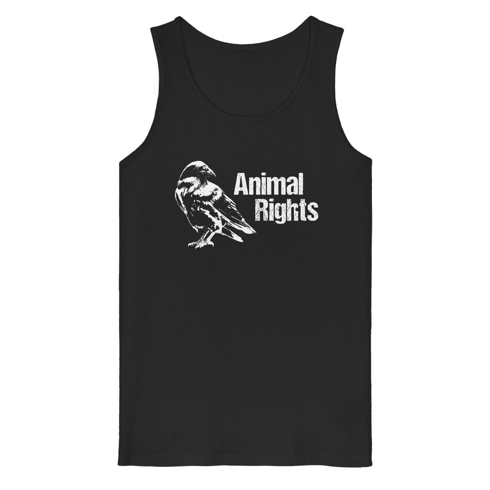 Schwarzes Tank-Top mit weißem Aufdruck eines Vogels und dem Text Animal Rights, aus 100% Bio-Baumwolle, von RUDE REBEL.