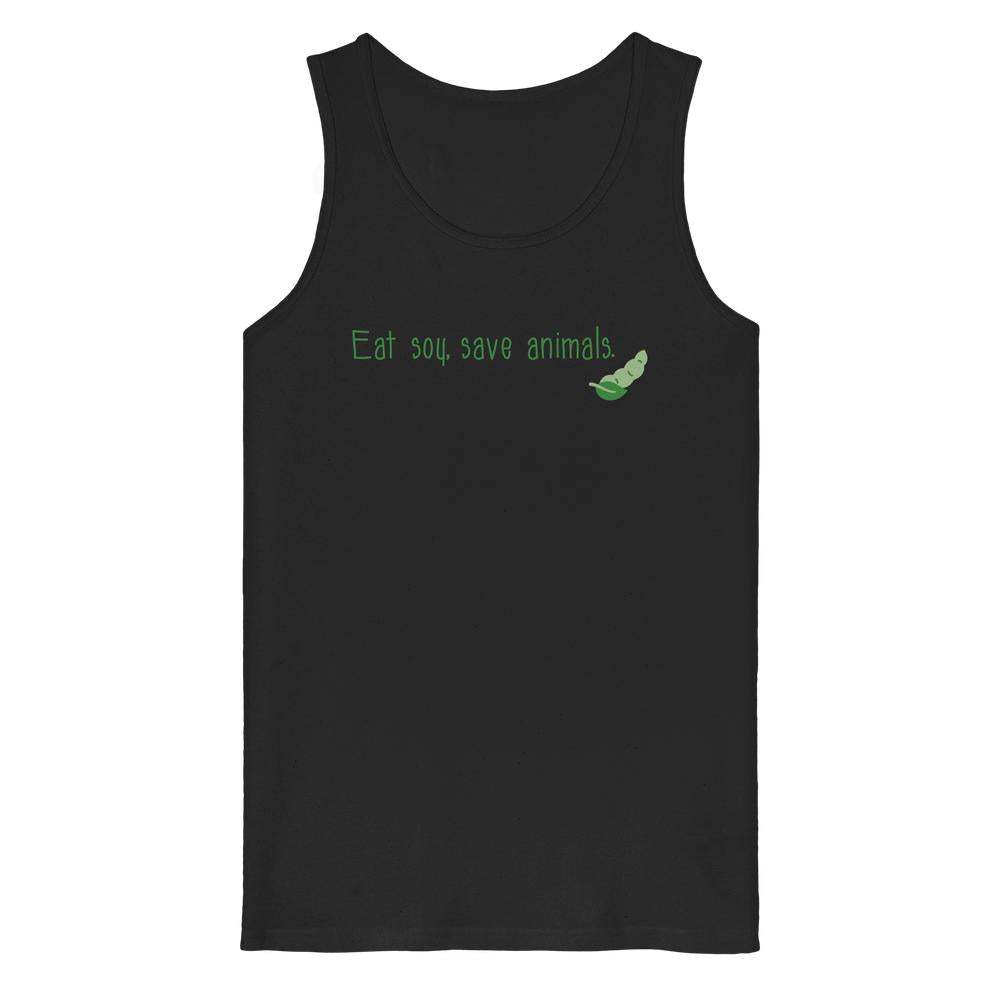Schwarzes ärmelloses Tank-Top mit grünem Aufdruck Eat soy, save animals und kleiner Sojabohnen-Grafik, aus 100% Bio-Baumwolle von RUDE REBEL.