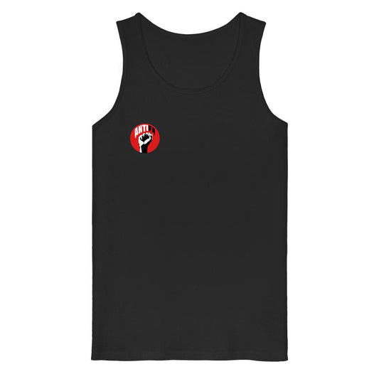 Ärmelloses schwarzes Tank Top mit Antifa-Logo links auf der Brust, aus veganer Bio-Baumwolle, verkörpert kämpferisches Design gegen Rechts.