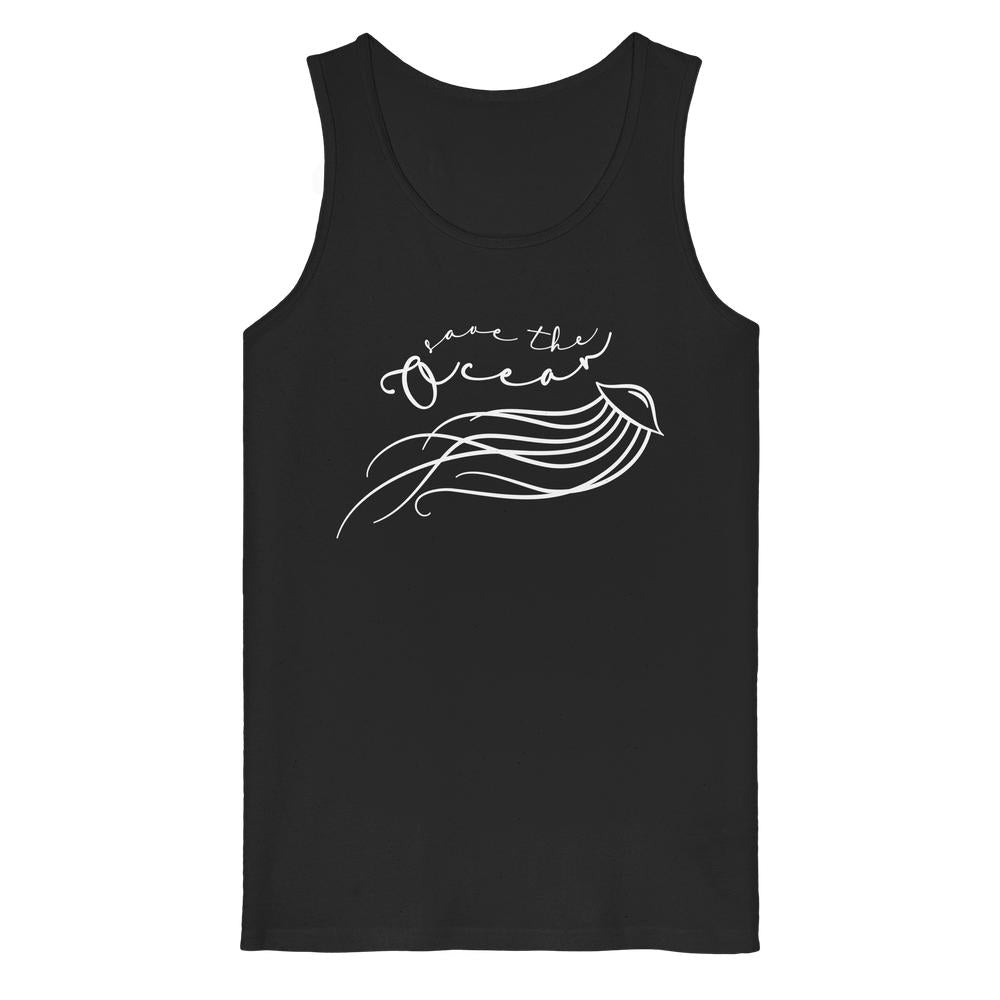 Vegan und Bio Tank Top: Jellyfish - Save the Ocean, zeigt eine stilisierte Qualle mit dem Schriftzug „Save the Ocean“, gefertigt aus 100% Bio-Baumwolle.