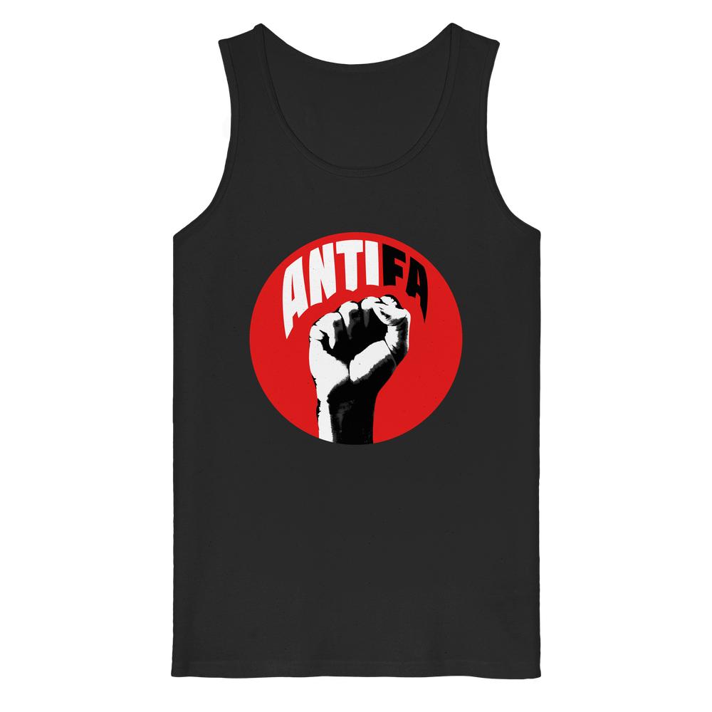 Schwarzes Tank Top mit ANTIFA-Grafik, zeigt weißen und schwarzen erhobenen Faust in rotem Kreis. Nachhaltig, aus 100% Bio-Baumwolle, kämpferisches Design gegen Rechts.