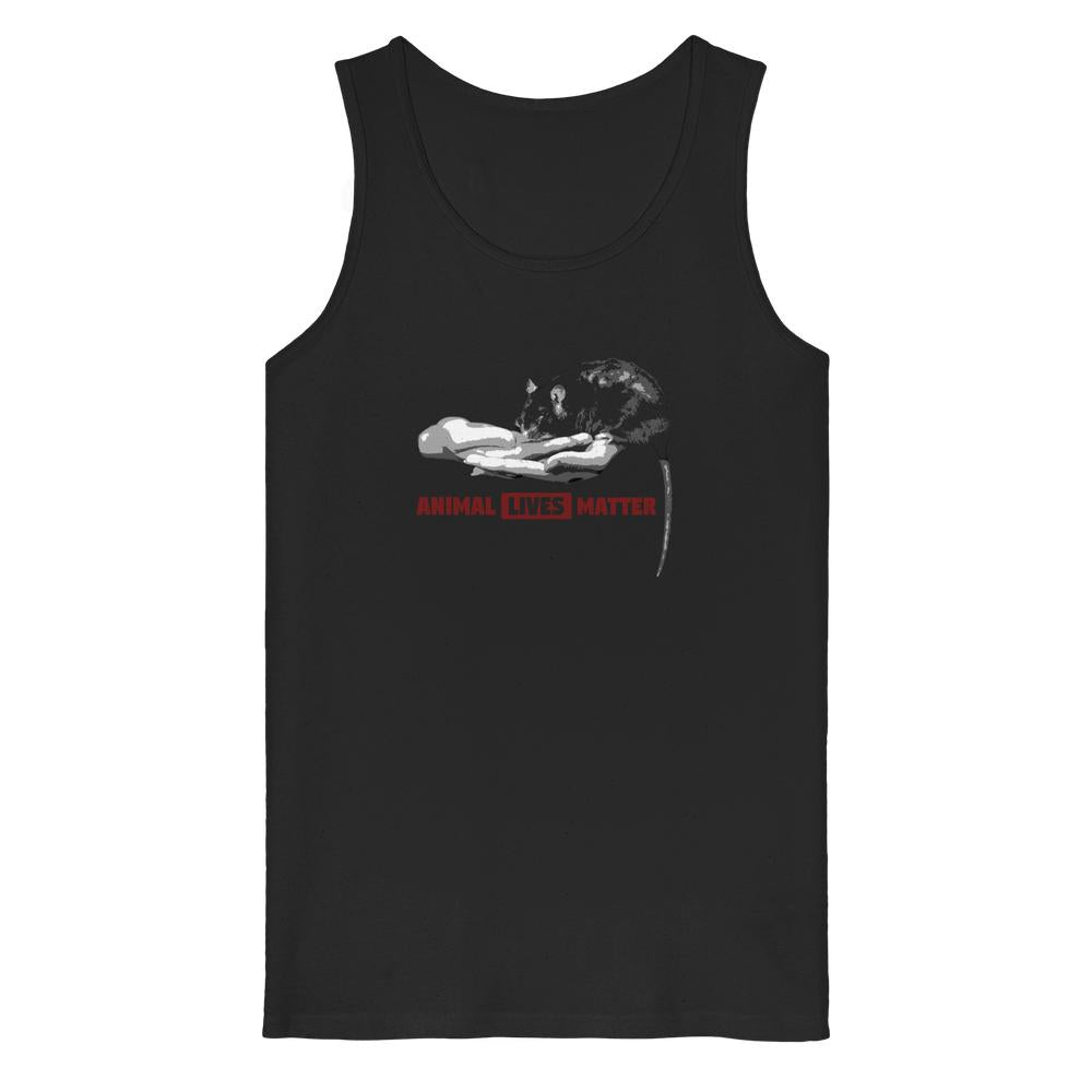 Vegan und Bio Tank Top: ANIMAL LIVES MATTER mit Rattenmotiv in Hand, ärmellos, aus 100% Bio-Baumwolle, Medium Fit, doppelt gesteppt, von RUDE REBEL.