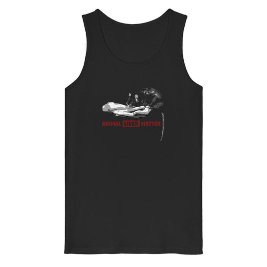 Vegan und Bio Tank Top: ANIMAL LIVES MATTER mit Rattenmotiv in Hand, ärmellos, aus 100% Bio-Baumwolle, Medium Fit, doppelt gesteppt, von RUDE REBEL.
