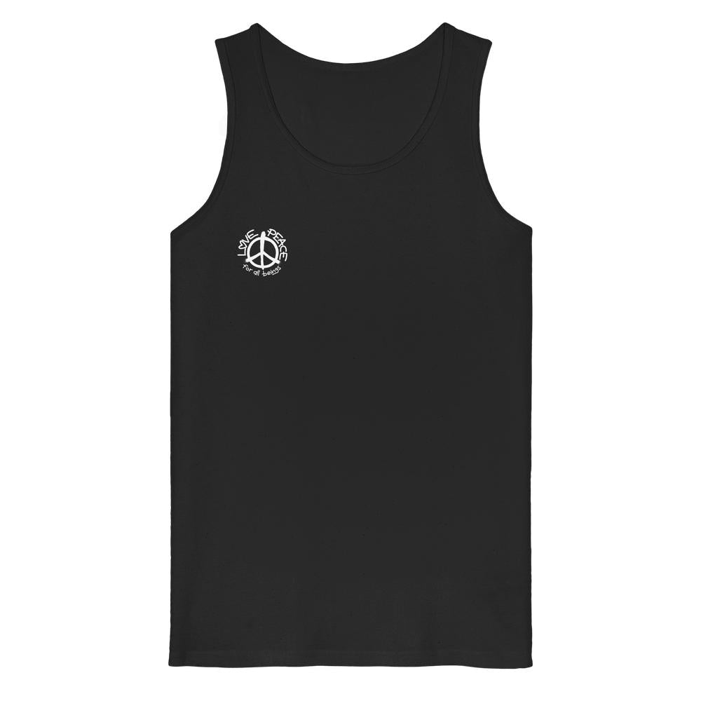 Vegan und Bio Tank Top: LOVE and PEACE for all beings, schwarzes ärmelloses Oberteil mit Friedenssymbol und Slogan aus 100% Bio-Baumwolle, ideal für nachhaltige Mode.