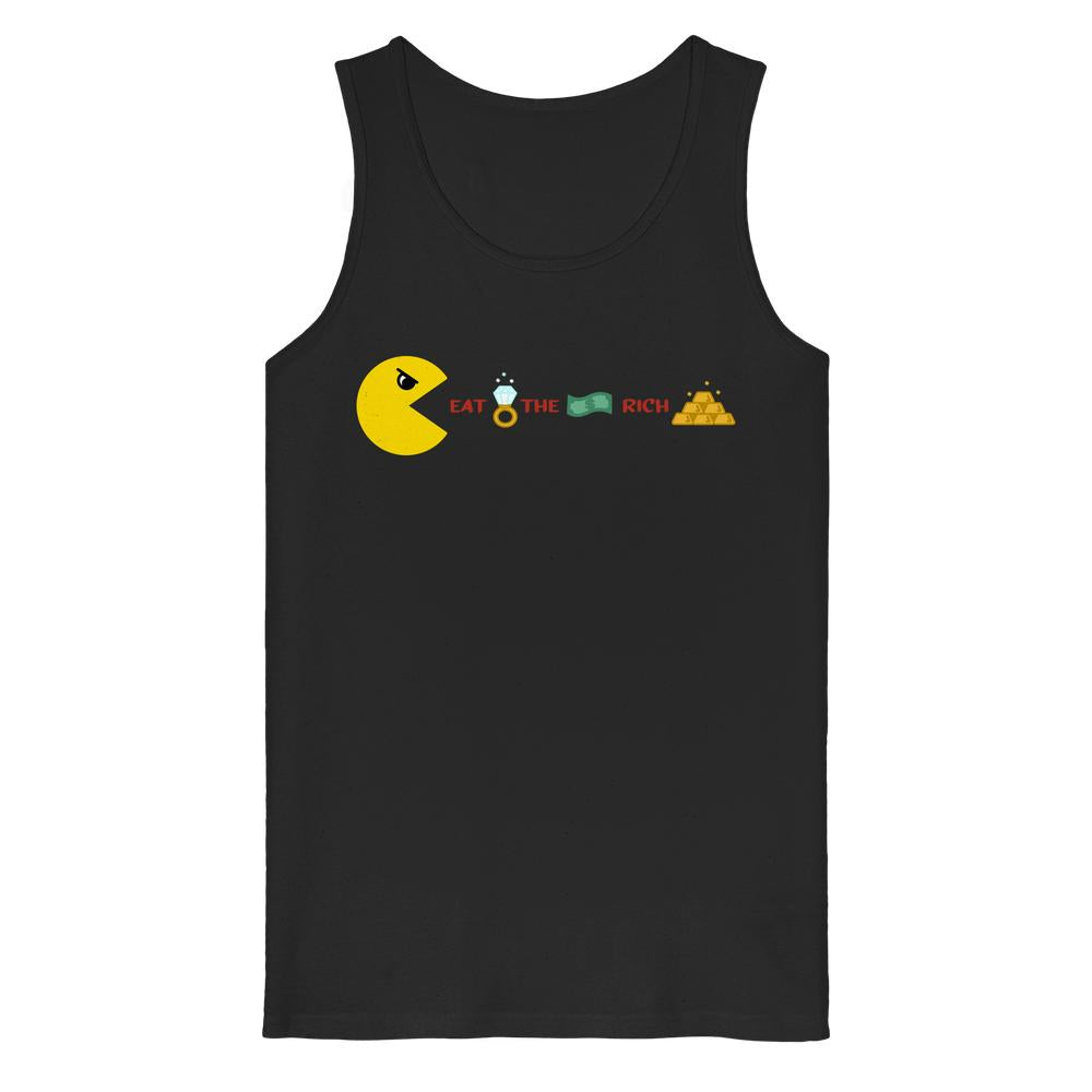 Vegan und Bio Tank Top: PAC-MAN - Eat the rich, schwarzes ärmelloses Design mit satirischer Grafik von Pac-Man, der Reichtumssymbole verschlingt.