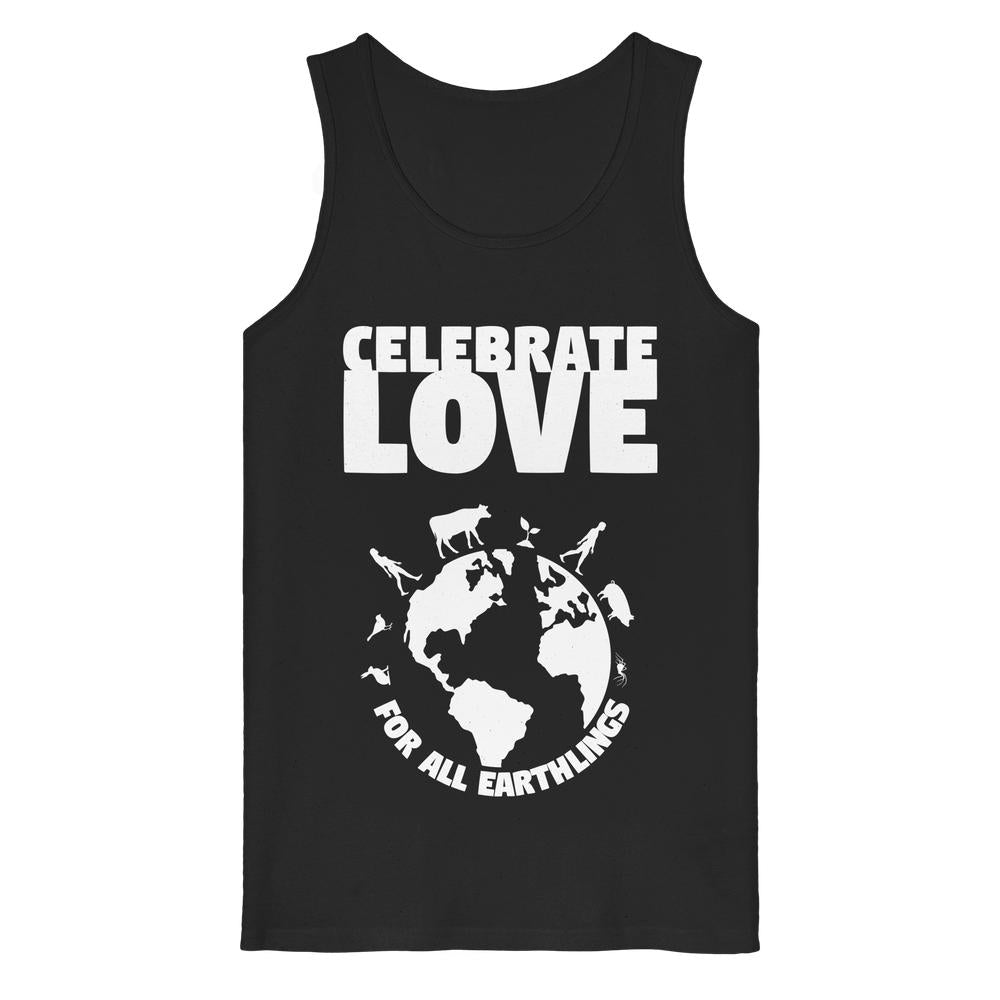 Vegan und Bio Tank Top: Celebrate Love For All Earthlings, zeigt ein Design mit Erde, Tieren und Pflanzen, feiert Veganismus und Gleichheit, aus 100% Bio-Baumwolle.