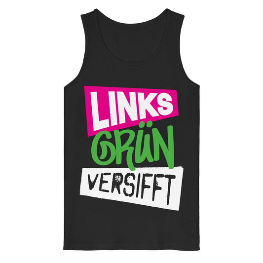 Ärmelloses Tanktop aus Bio-Baumwolle mit Slogan LINKS GRÜN VERSIFFT in magenta, grün und weiß. Veganes und nachhaltiges Design von RUDE REBEL.