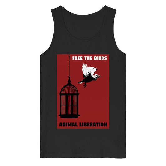 Schwarzes Tanktop mit Grafik: rotes Rechteck mit Vogelkäfig, fliegendem Vogel, Text “FREE THE BIRDS” und “ANIMAL LIBERATION”. Veganes Bio-Design für Tierrechte von RUDE REBEL.