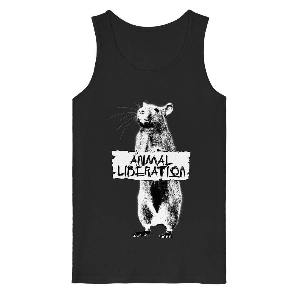 Ärmelloses schwarzes Tank Top mit Rattenmotiv und Animal Liberation-Schild, inspiriert von Banksy, aus 100% Bio-Baumwolle. Produkt: Vegan und Bio Tank Top: Rat for Animal Liberation.