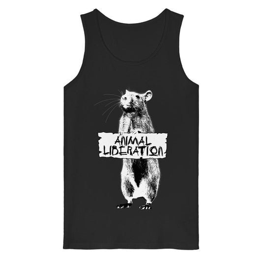 Ärmelloses schwarzes Tank Top mit Rattenmotiv und Animal Liberation-Schild, inspiriert von Banksy, aus 100% Bio-Baumwolle. Produkt: Vegan und Bio Tank Top: Rat for Animal Liberation.