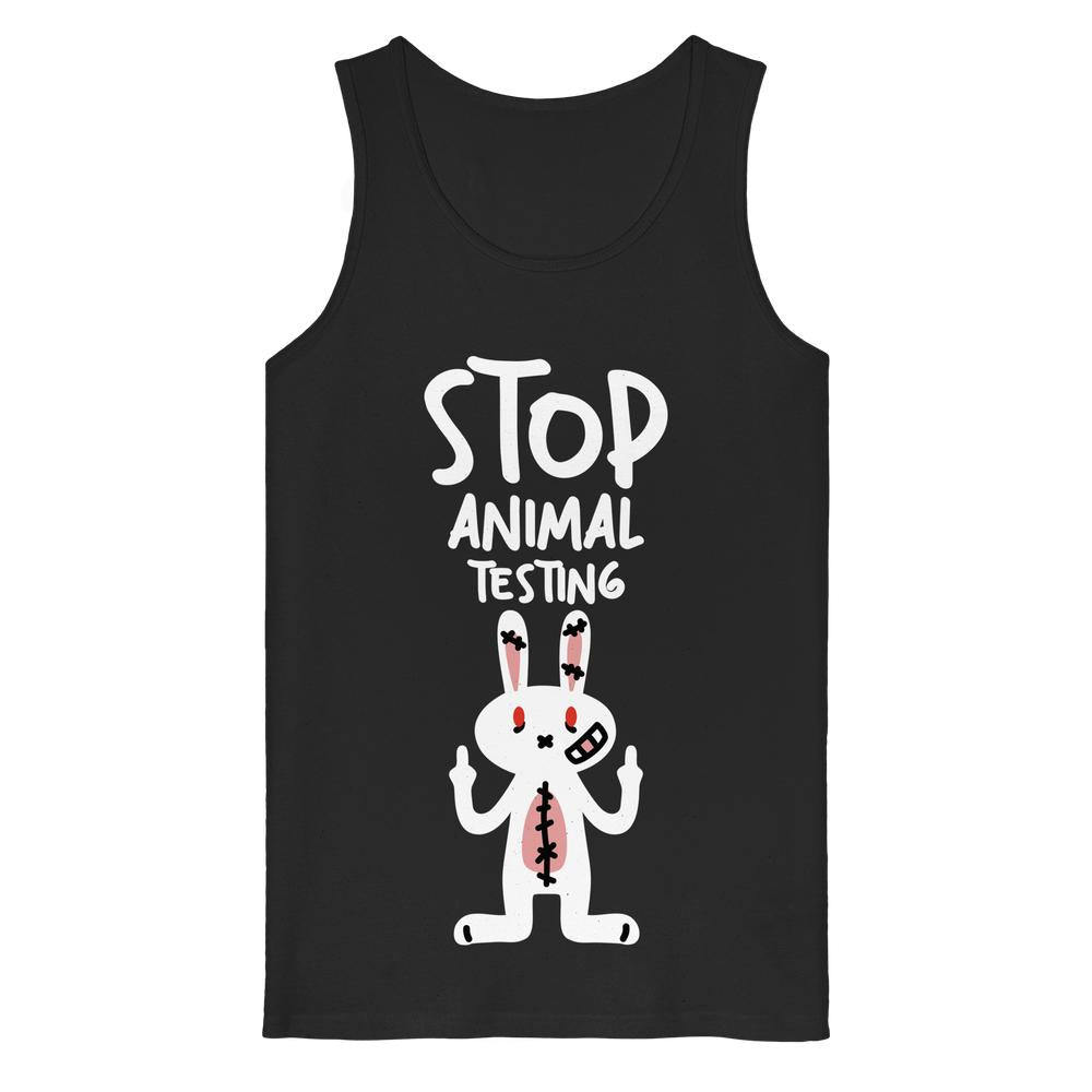 Ärmelloses Tanktop schwarz mit Aufdruck „STOP ANIMAL TESTING“ und Hase