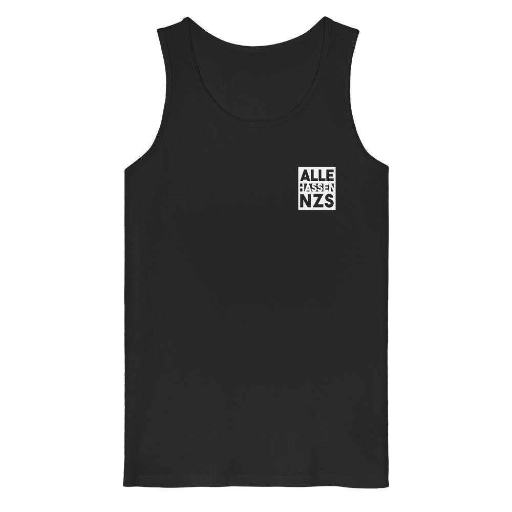 Schwarzes Tanktop mit Rundhalsausschnitt und Aufdruck „ALLE HASSEN NZS“
