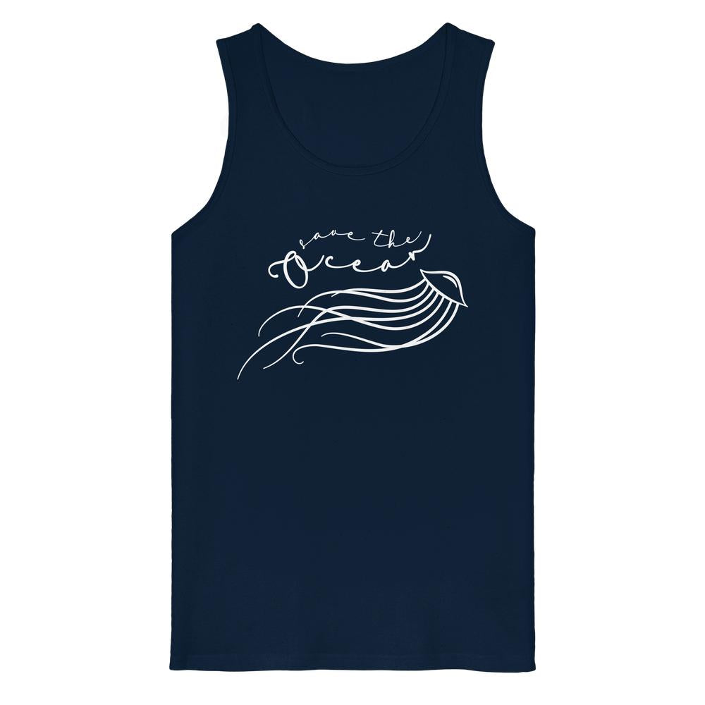 Vegan und Bio Tank Top: Jellyfish - Save the Ocean, zeigt eine filigrane Qualle mit der Aufschrift „Save the Ocean“, aus 100% Bio-Baumwolle, ärmellos, medium fit.