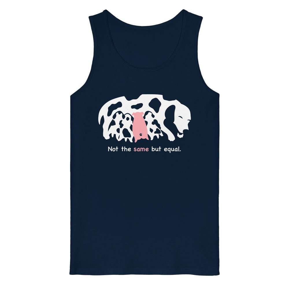 Veganes Bio-Tanktop dunkelblau, ärmellos, mit Tiermotiv und Textprint „Not the same but equal“