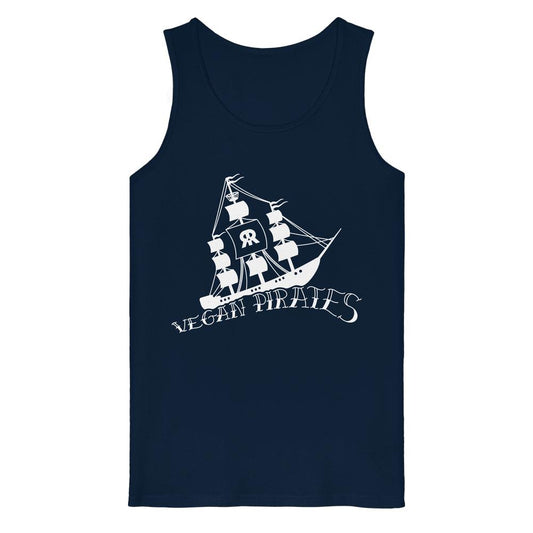 Ärmelloses Tank Top aus Bio-Baumwolle mit weißem Piratenschiff-Design und VEGAN PIRATES-Schriftzug, passend zur rebellischen, veganen Philosophie von RUDE REBEL.